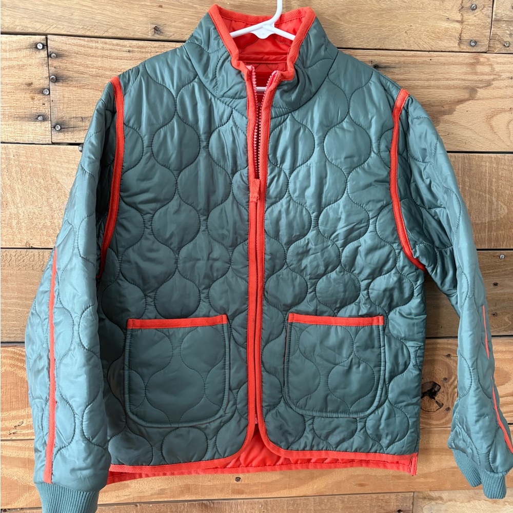 Free Assembly kids 10/12 Green Quilted Jacket with Orange Trim